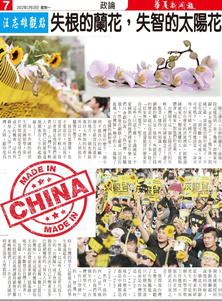 汪志雄觀點}  失根的蘭花，失智的太陽花