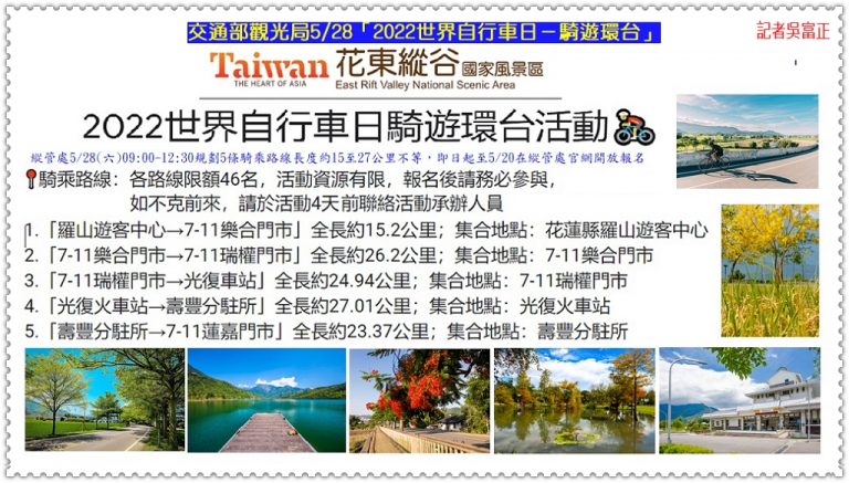 交通部觀光局5/28「2022世界自行車日－騎遊環台」花東縱谷段報名至5/20＠華夏新聞報